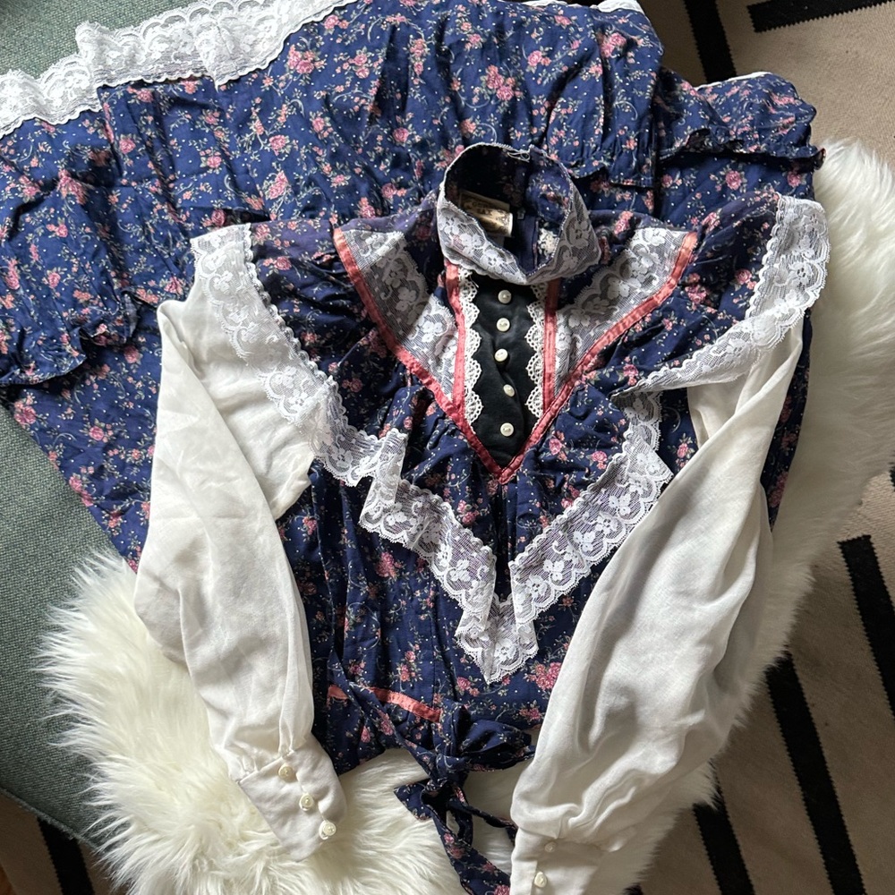 Vintage '70s Jessica McClintock Gunne Sax Navy/Pink Flower Dress - Picture 4 of 16
